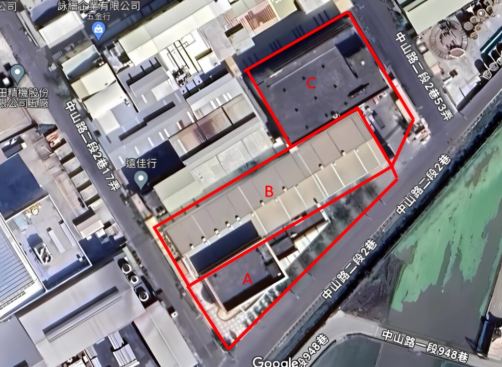 富甲八方No.4湖內SRC鋼構廠房外觀鳥瞰圖，強調三面臨路、高壓電力與近台南高鐵站及沙崙科學城的優勢